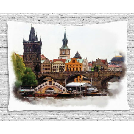 Scenery Decor Tapestry, European Country Landscape with Houses and River Watercolored like Print, Wall Hanging for Bedroom Living Room Dorm Decor, 60W X 40L Inches, Multicolor, by