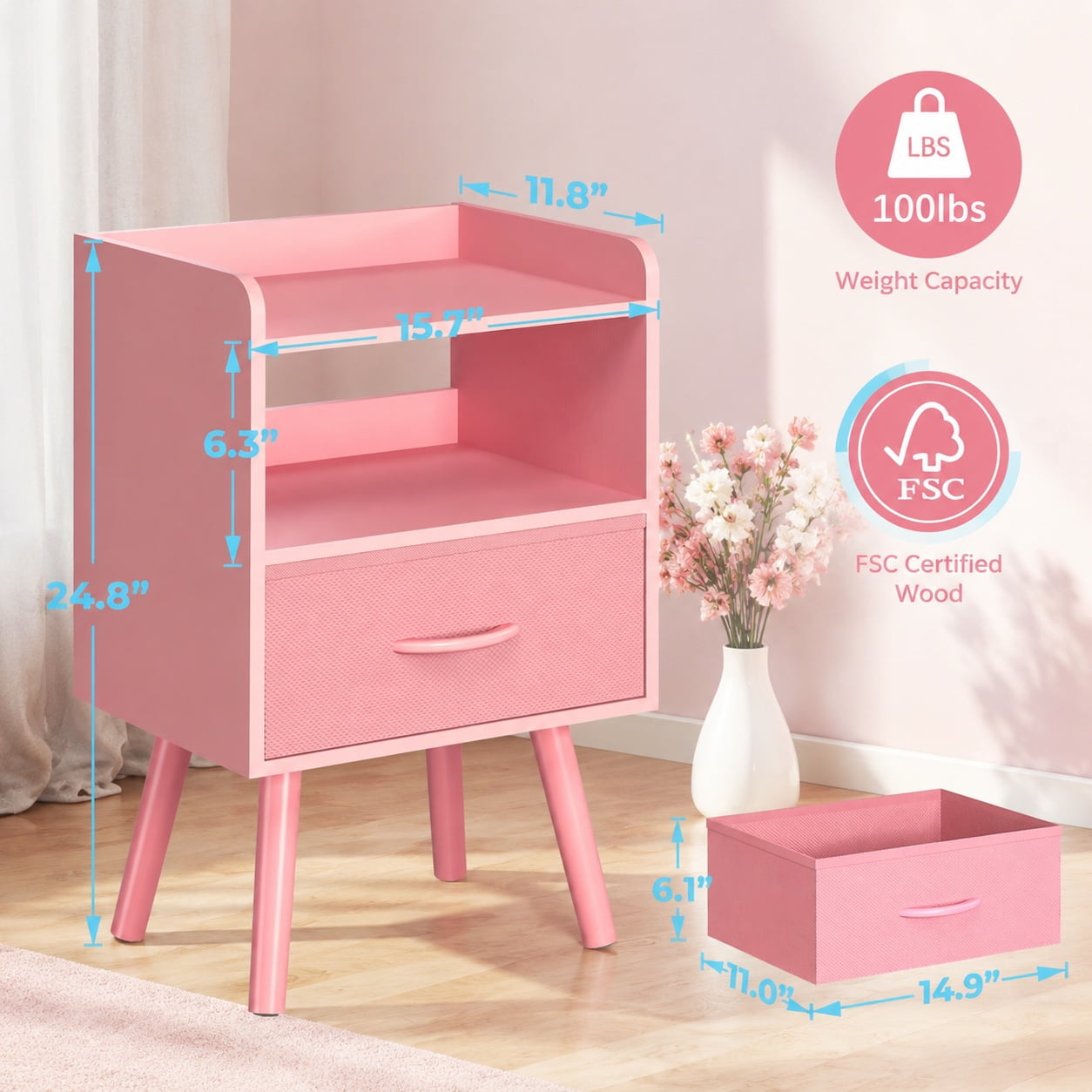 Night Stand with Fabric Drawer Modern 2-Tier Bedside Table Mid Century Nightstands with Open Storage Shelf Small Wood Nightstands for Bedrooms