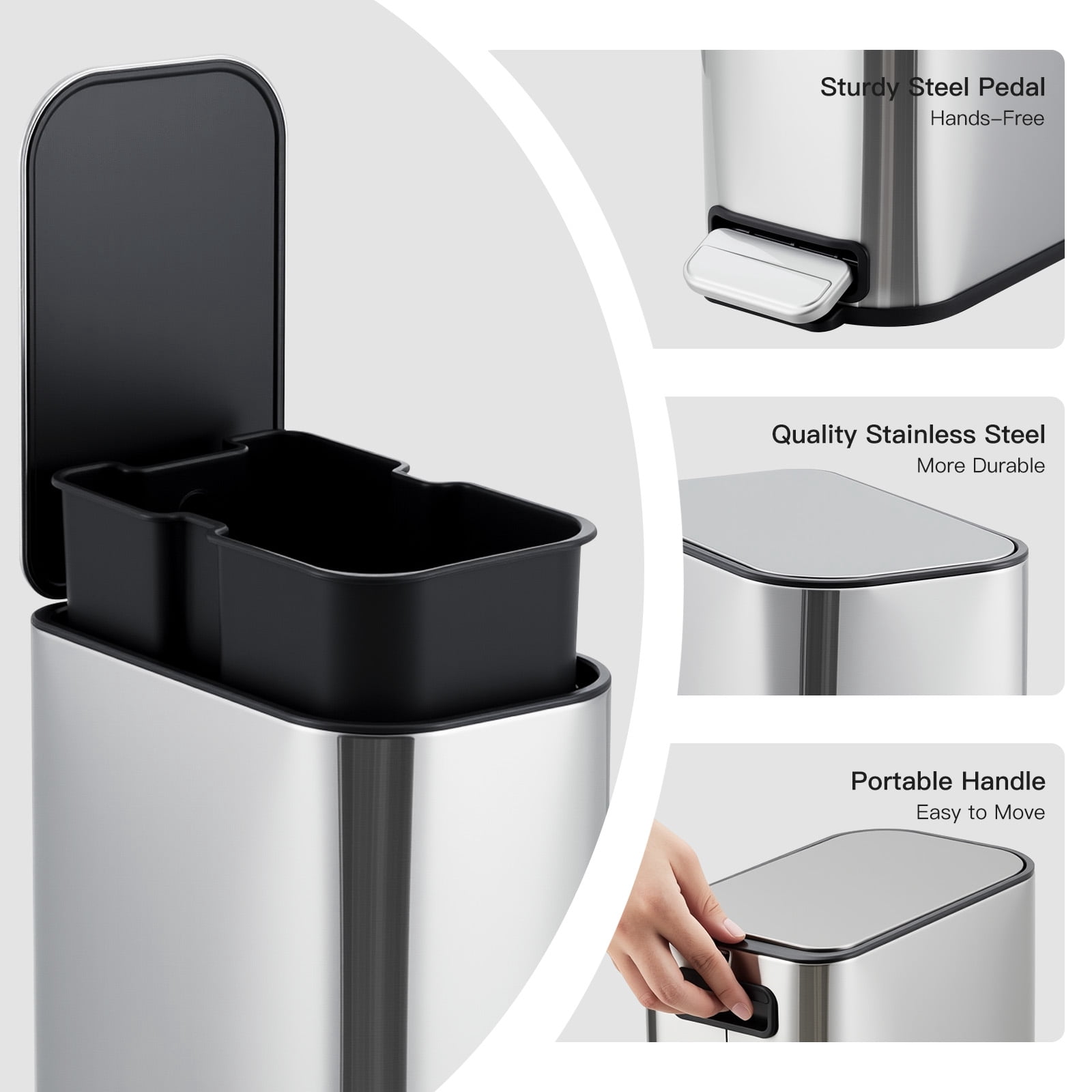 Slim Bathroom Trash Can with Lid Soft Close, Step Pedal, 5 Liter / 1.3 Gallon Stainless Steel Trash Bin, Small Garbage Cans for Bedroom, Office, Kitchen