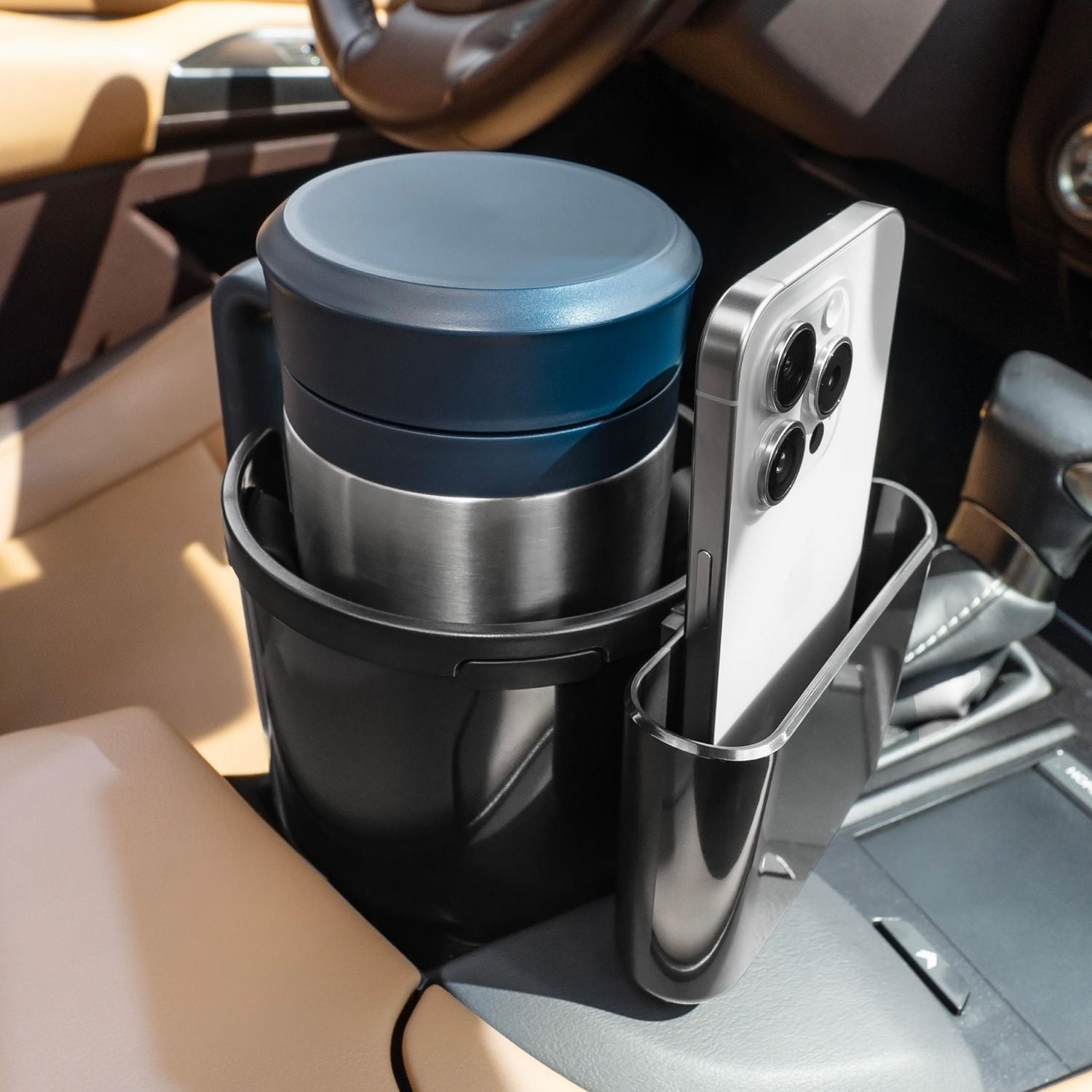 Auto Drive Cup Holder Fit Approx Diameter 4.3'' cups, with Phone Holder 1 Pack AD25C-15, 6.1'' * 6.34'', The cup holder with phone holder is universal fit on most car's console, the cup holder is in approx 4.25'' diameter, big enough to hold large water bottles and mugs, works with most popular brand of bottle which diameter up to 4.2", phone holder is universal fit for width less than 97mm.