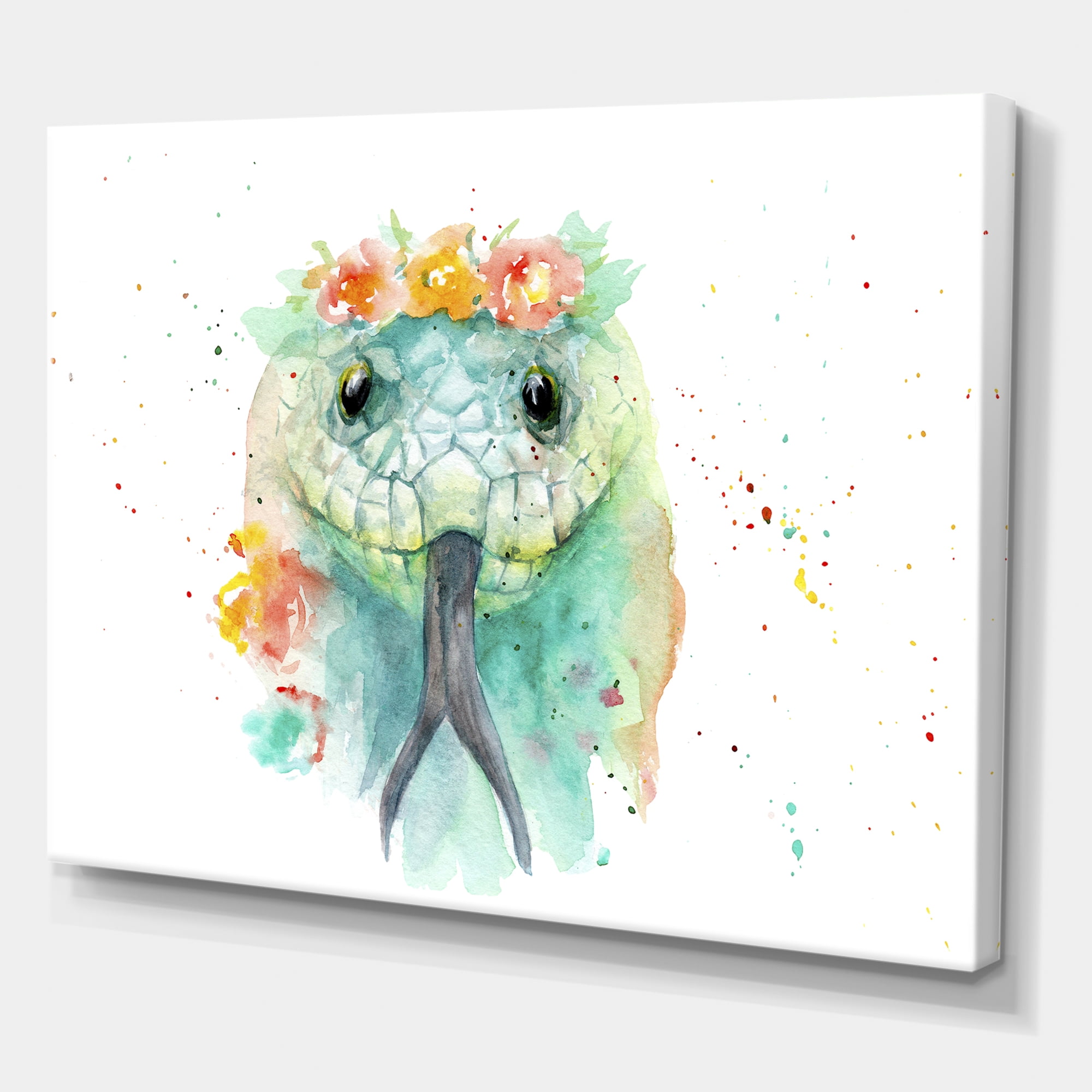 Designart ' Portrait A Green Snake In Flowers ' Farmhouse Canvas Wall Art Print