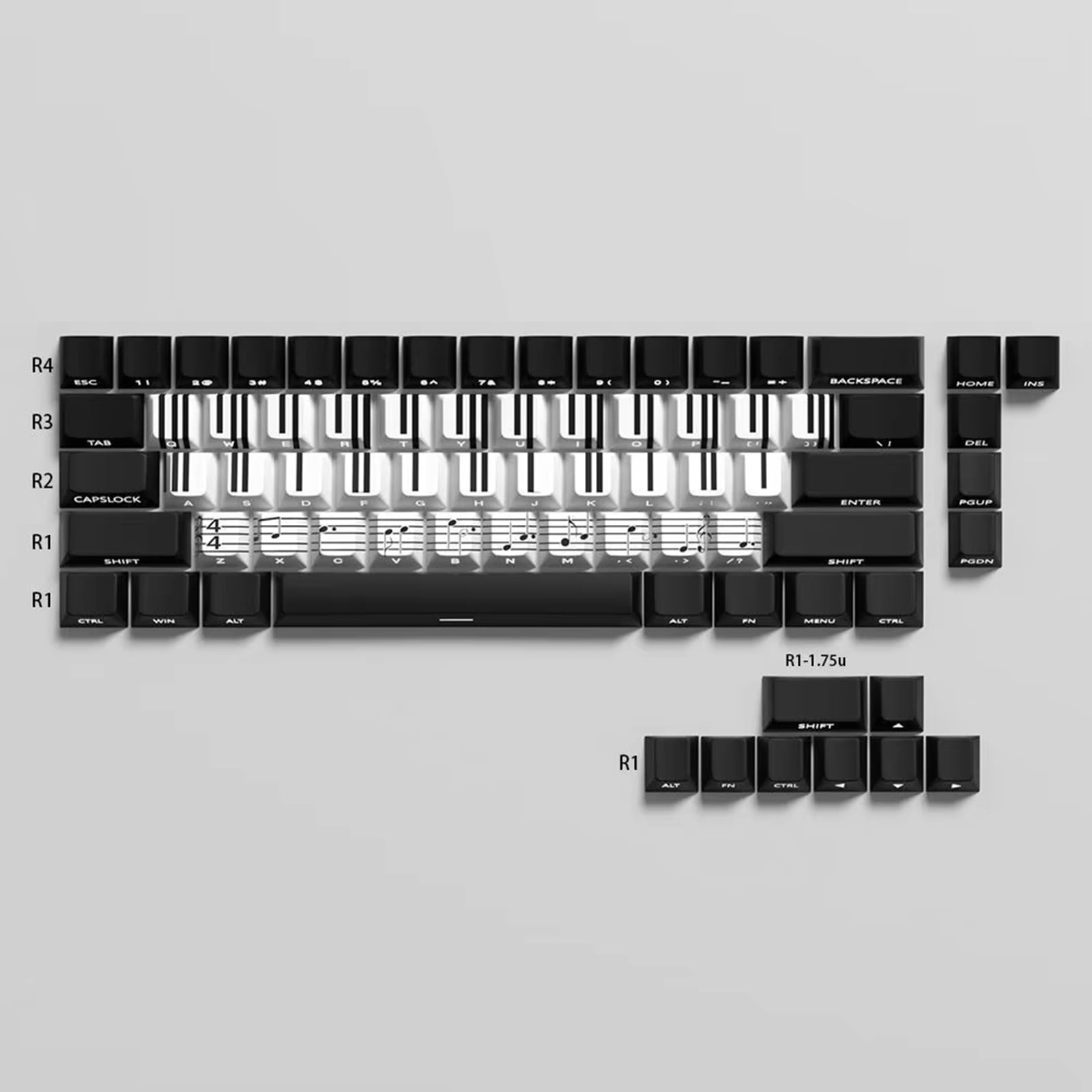 74Key Side Print Backlit Keycap Set Piano Key Theme Transparents for 60 61 65 67 68 Gaming Keyboards Keycap