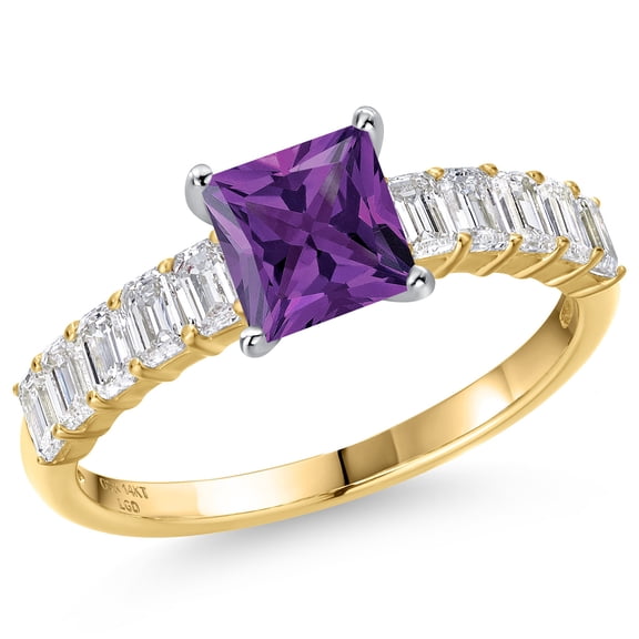 Gem Stone King 14K Two Tone Gold Purple Amethyst and Lab Grown Diamond Engagement Ring for Women | 1.88 Cttw | Princess 6MM | Gemstone February Birthstone | Size 8