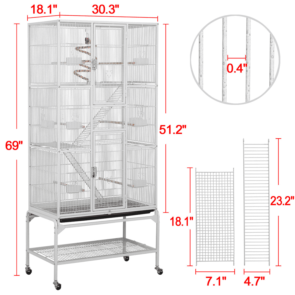 Alden Design 69" H Rolling Extra Large Metal Bird Cage with Detachable Stand for Parrots, White