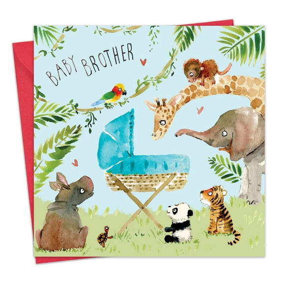 Twizler New Baby Brother Card with Blue Crib and Jungle Animals - New Brother Greeting Card