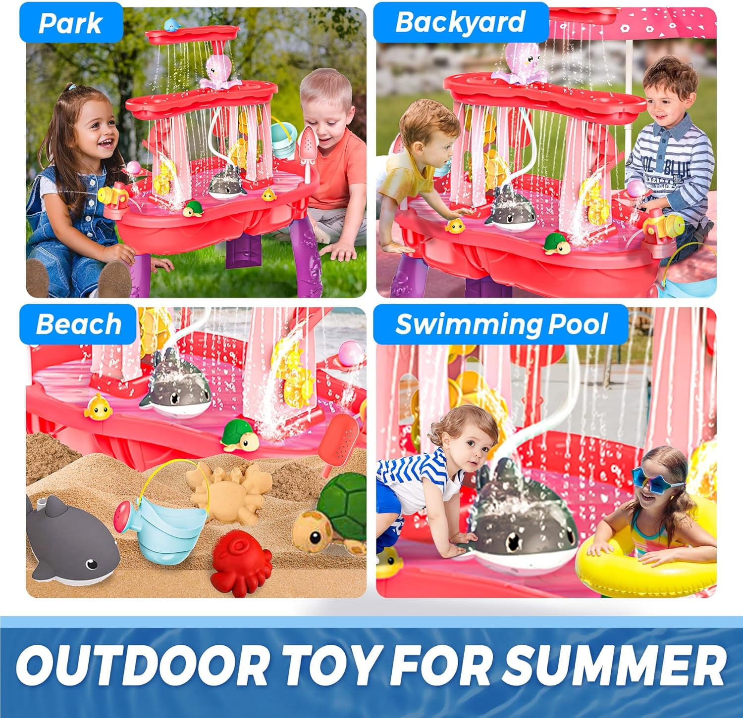 Water and Sand Table with Water Pumb & Umbrella - Summer Toys 3-Tier Kids Water Play Table, Outdoor Beach Toys with Cute Accessories
