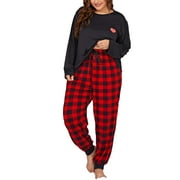 Plus Size Pajama Set for Women Casual Crewneck Long Sleeve Top and Plaid Pants 2 Piece Outfits Loungewear Sleepwear