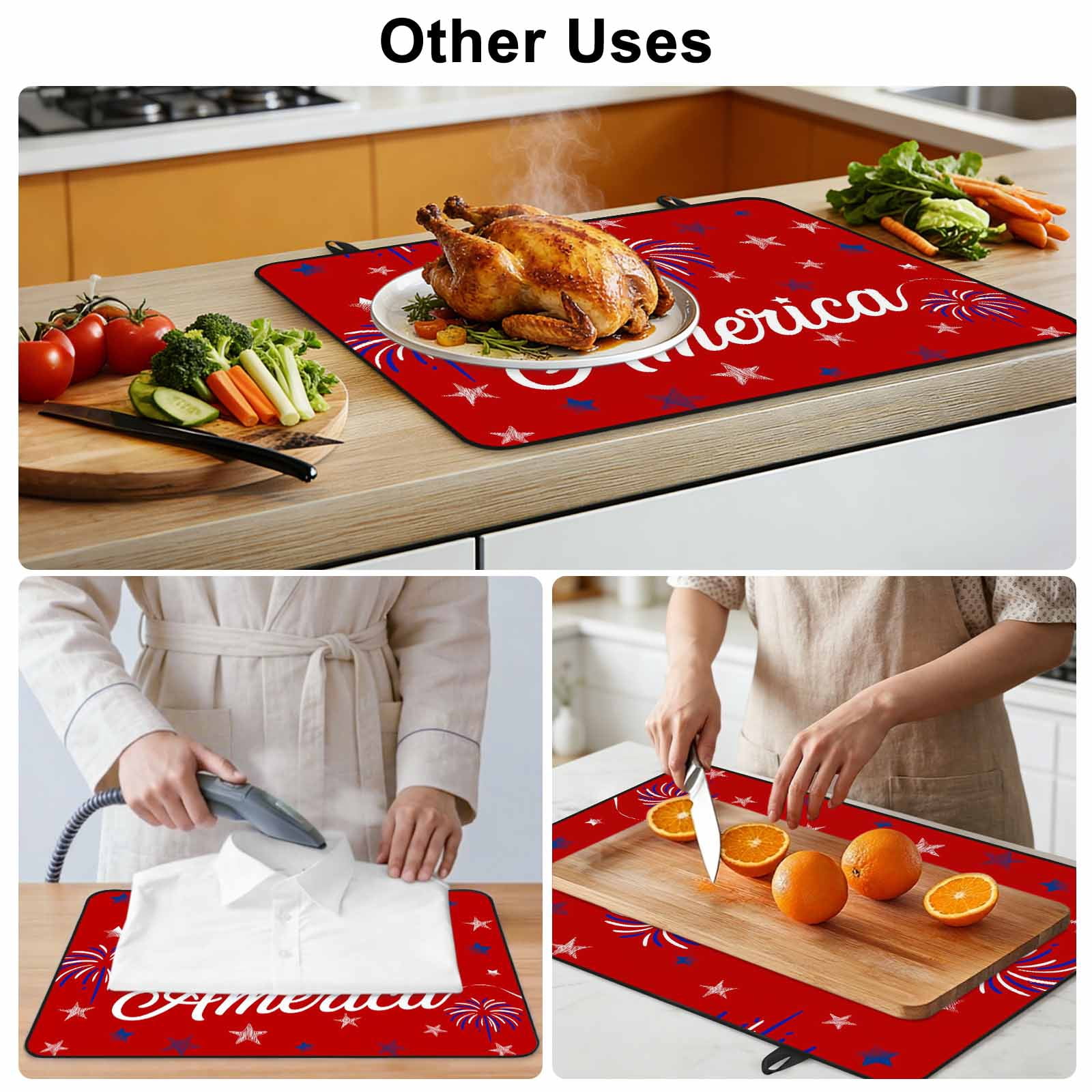 USA Independence Day Stove Top Cover for Electric Stove, Heat-proof & Non Slip Glass Top Stove Cover Protector, Red Fireworks Stars Kitchen Flat Cooktop Rubber Mat 24x21 Inches
