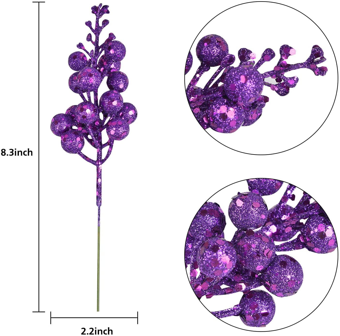 17 Pack Christmas Glitter Berries Stems, 7.8Inch Artificial Christmas Picks for Christmas Tree Ornaments, DIY Xmas Wreath, Crafts, Holiday and Home Decor (Light Purple)