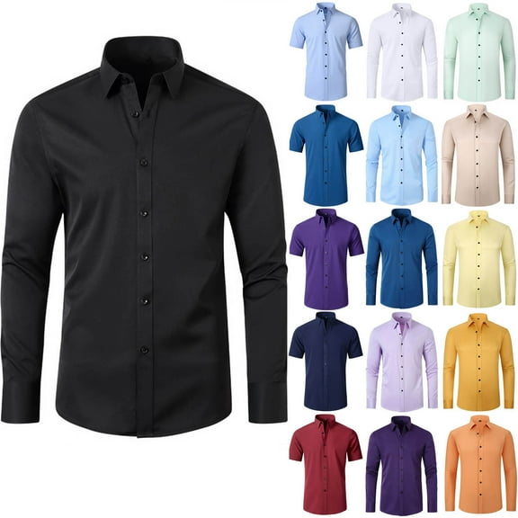 Elvqul Long Sleeve Shirts for Men Solid Button up Cotton Mens Tops Black Collared Shirts