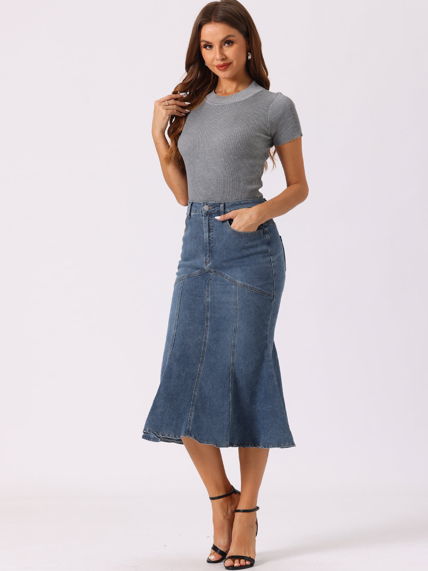 DARING DIVA Fishtail Denim Skirt Women's Washed Midi Jean Bodycon Skirt XL Grey Blue