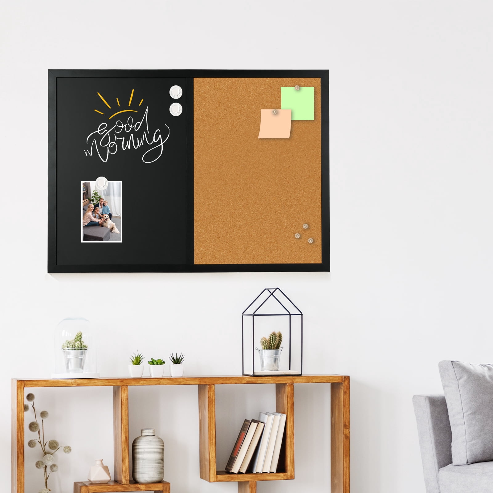 Combination Chalk and Cork Board Half Cork Bulleting Board Half Black Board Combo 16" x 24" Wooden Frame (Wooden Half Cork Half Black Board)