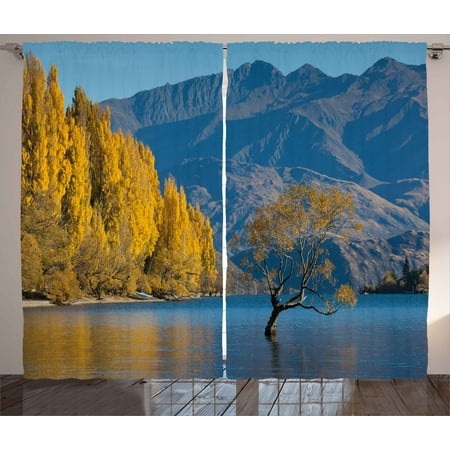 Exquisite Bedroom - Nature Curtains 2 Panels Set, Sunken Tree Lake on Mountain Range Exquisite Rural New Zealand Scenery, Window Drapes for Living Room Bedroom, 108W X 90L Inches, Earth Yellow Light Blue, by Ambesonne