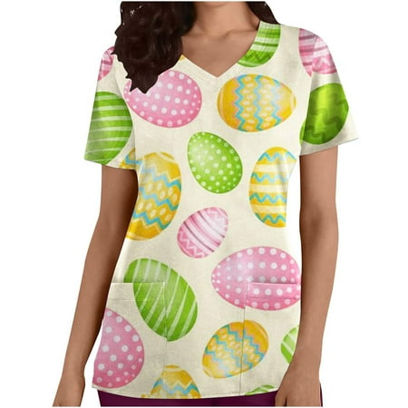 

Blouses for Women Casual Lady Easter Rabbits Print Tops Short Sleeve T-Shirts V Neck Going Out Scrubs Blouses