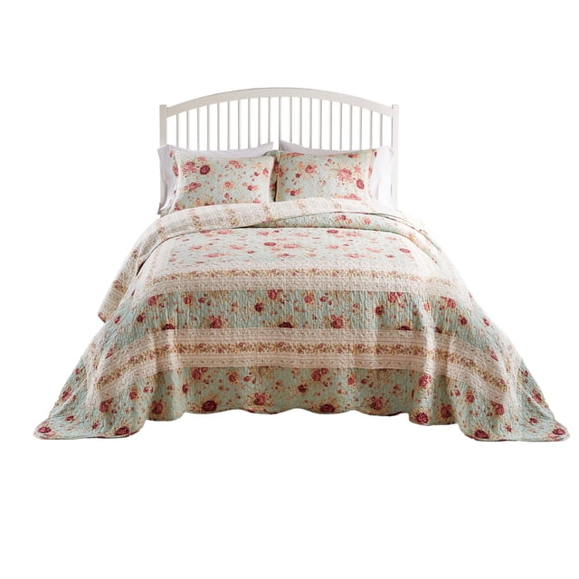 Juego de ropa de cama Benzara Queen, colcha de algodón de 3 piezas, color azul rosa