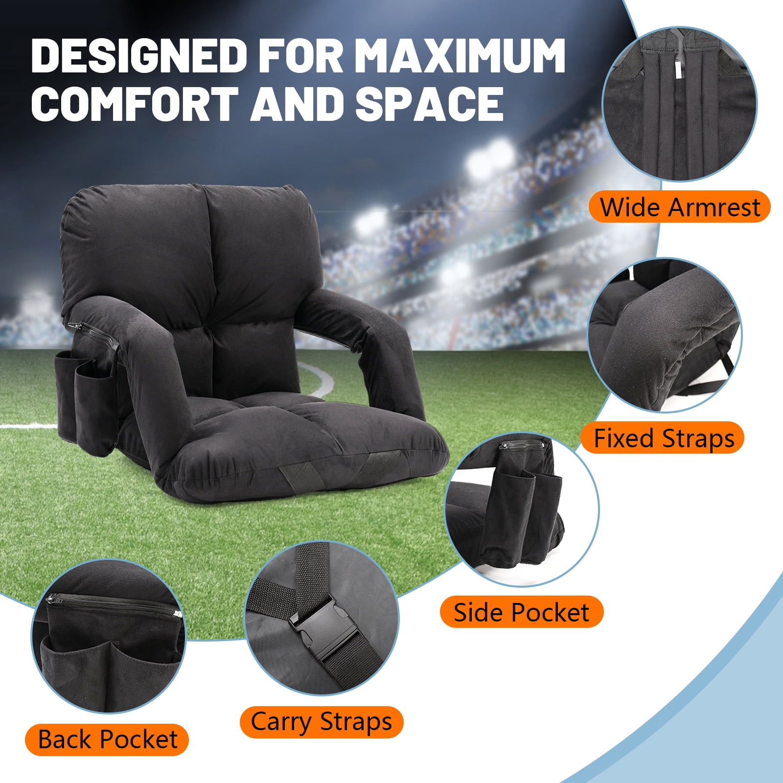 Stadium Seats Cushion for Bleachers with Strong Back Support, Folding  Bleacher Seat with 20In Wide Cushion, 4LBS Lightweight, 6 Reclining  Positions