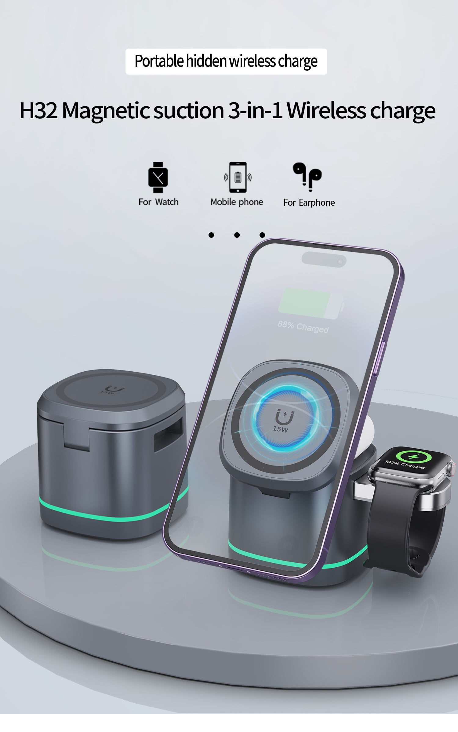 H28 3-in-1 Magnetic Foldable Wireless Charging Station with RGB Light, Strong N52 Magnet 15W Fast Charger for iPhone 17 16 15 14 13 12, Apple Watch, AirPods - Gray