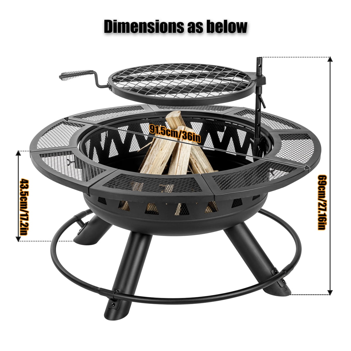 Aimee Lii 36" Fire Pit for Outside Wood Burning Fire Pit Tables with Metal Lid, BBQ Net for Camping, Outdoor Heating, Bonfire, and Picnic, Black