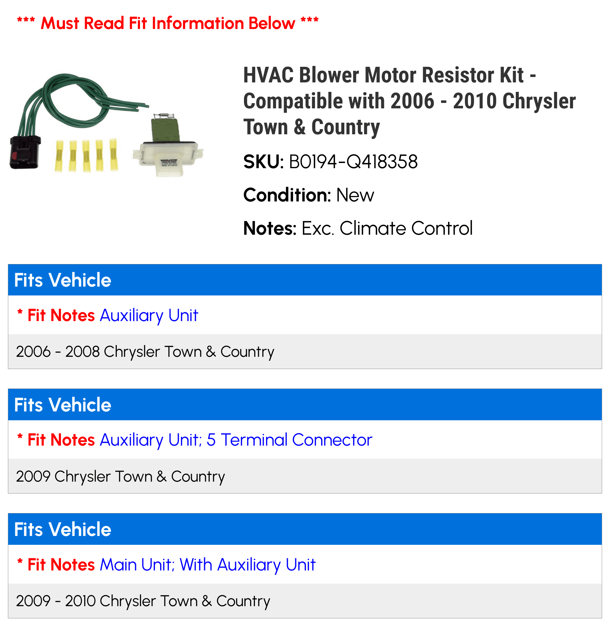 HVAC Blower Motor Resistor Kit - Compatible with 2006 - 2010 Chrysler Town & Country - Dorman