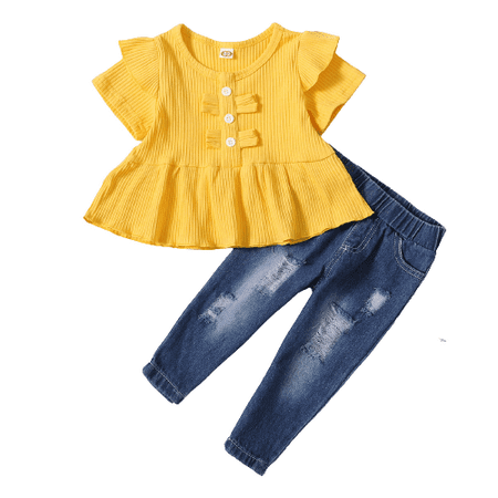 

NZRVAWS Baby Girls Outfits 6 Months Baby Girls Solid Color Ruffle Sleeve 12 Months Baby Girls Top Ripped Jeans Pants 2Pcs Fall Clothes Set Yellow