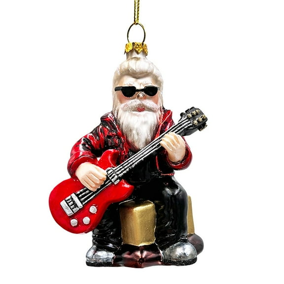 Rock Guitarist Santa Claus Glass Christmas Ornament, Rocker Musician Gift