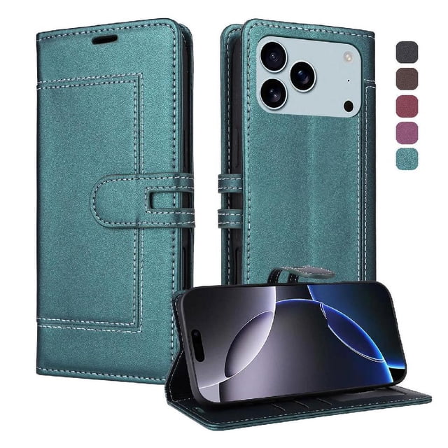 Premium Wallet Case for iPhone 17 Pro Max with Card Slots & Kickstand, Flip Cover Green