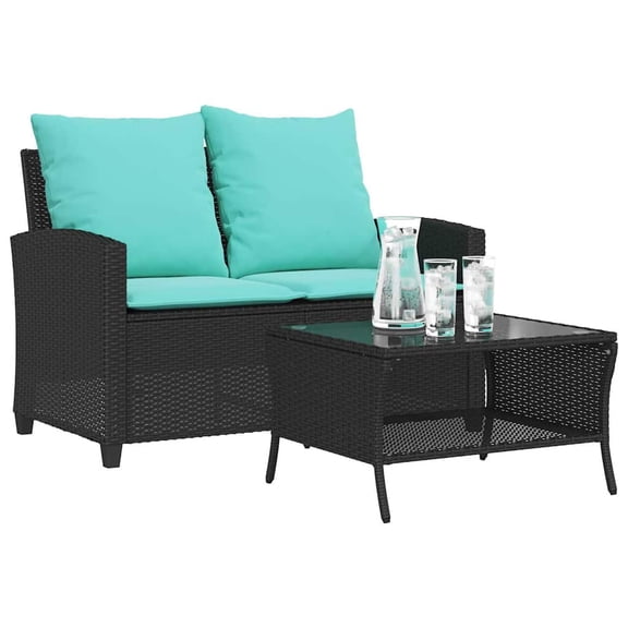 vidaXL Patio Sofa 2-Seater with Cushions&Table Black Poly Rattan