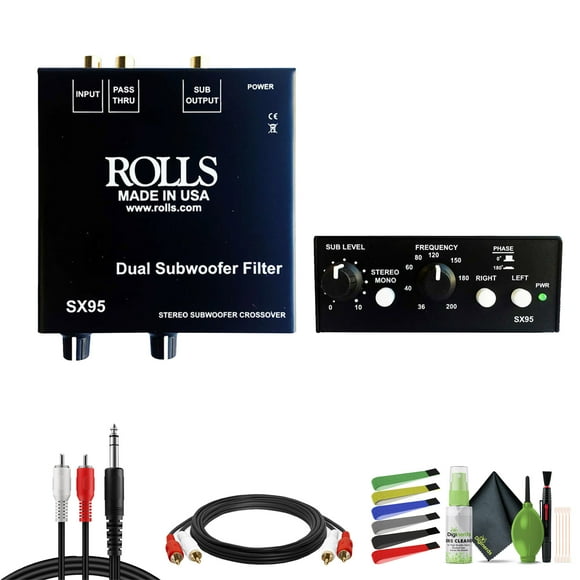 ROLLS SX95 Stéréo Subwoofer Crossover / Filtre, 12V Auxiliaire Faisceau de Prise de Courant avec Attaches de Câble + RCA Mâle à Mâle Câble Audio Stéréo Or + Double RCA Mâle à 1/4 + Kit de Nettoyage