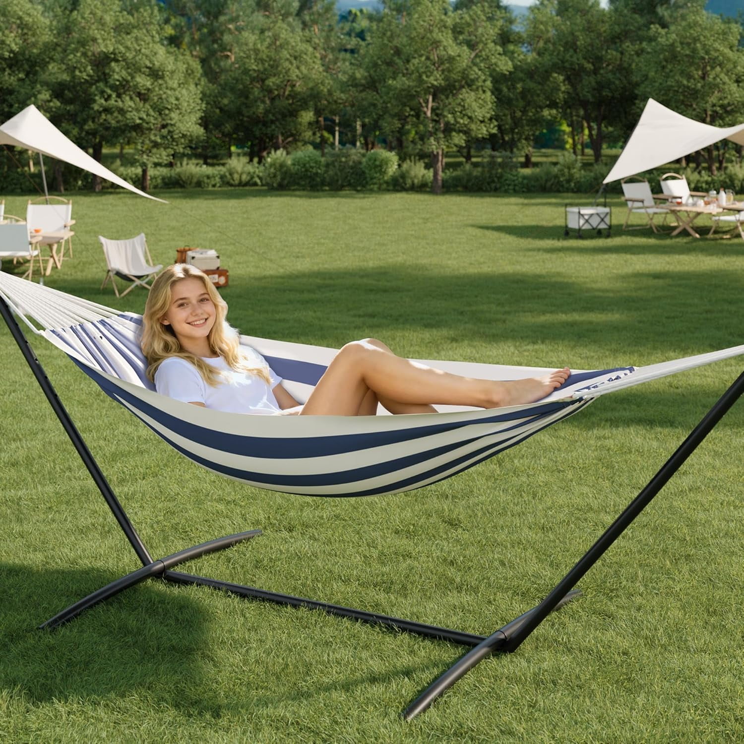 Double Hammock with Foldable Steel Stand and Carrying Bag, Portable Freestanding Hammock for Indoor & Outdoor Use, 450 lbs Capacity, Ideal for Garden, Patio, Camping, Beach, Blue