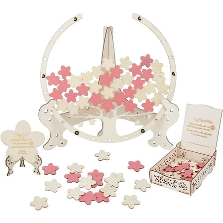 1set Rustic Wedding Guest Book Cherry Blossom Tree Alternative Guestbook Wedding Reception Signs 78pcs Wooden Flowers Picture Frame Drop Box for Bridal Anniversary Birthday Party Decoration