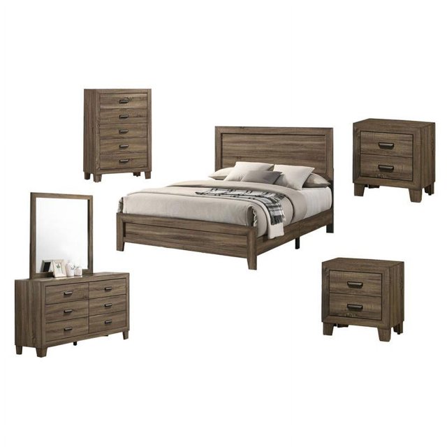 Dark Walnut Wood 6pc Bedroom Set with Bed+ Dresser+ Mirror+ 2 Nightstands+ Chest