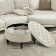 thumbnail image 3 of 31.5" Large Round Storage Ottoman, Upholstered Tufted Linen Ottoman Coffee Table, Large Footrest with Solid Wooden Legs and Nailheads, Side Table for Living Room Bedroom Office, Beige, 3 of 6