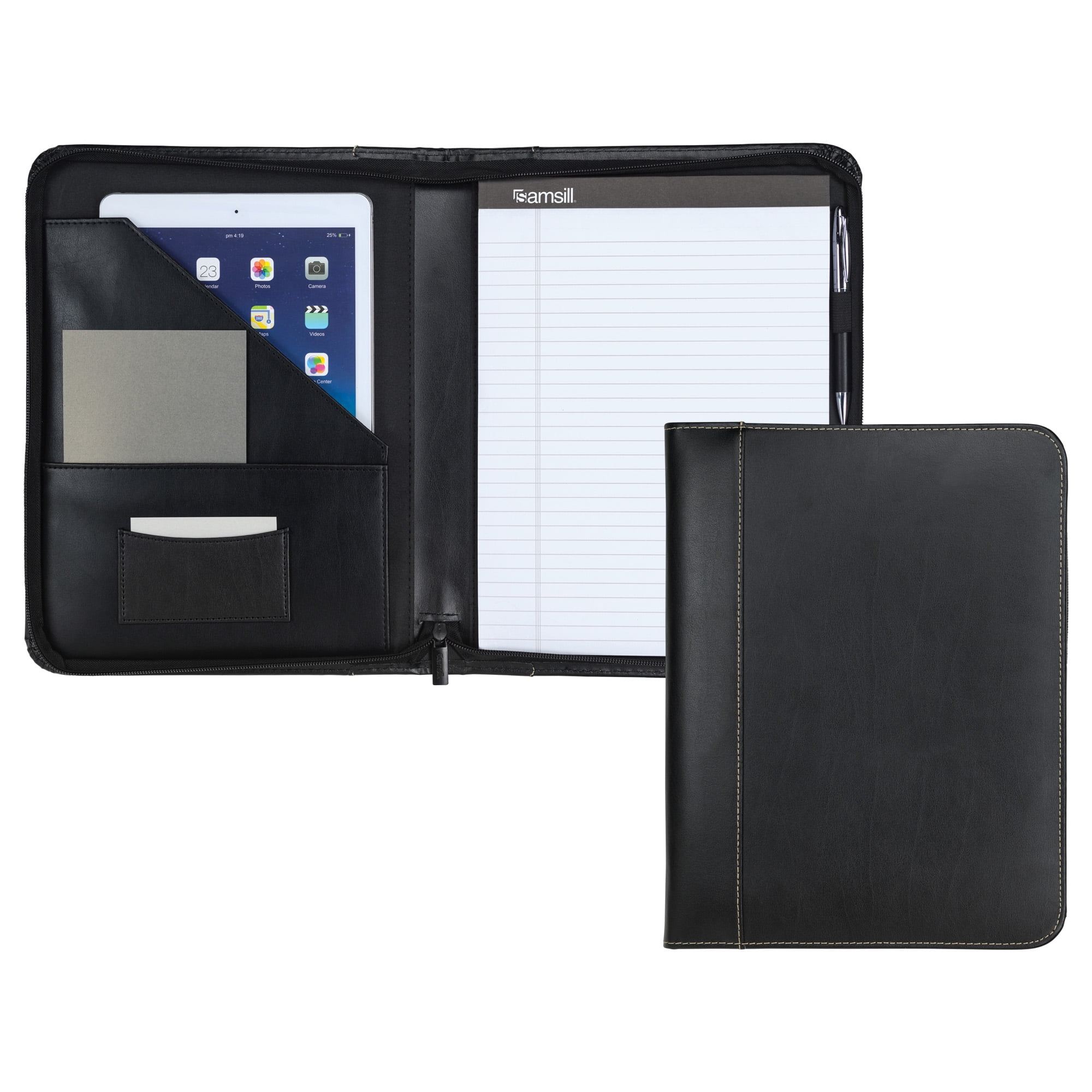 Samsill Contrast Stitch Leather Zipper Padfolio, 8.5"x11" Writing Pad Included, Black