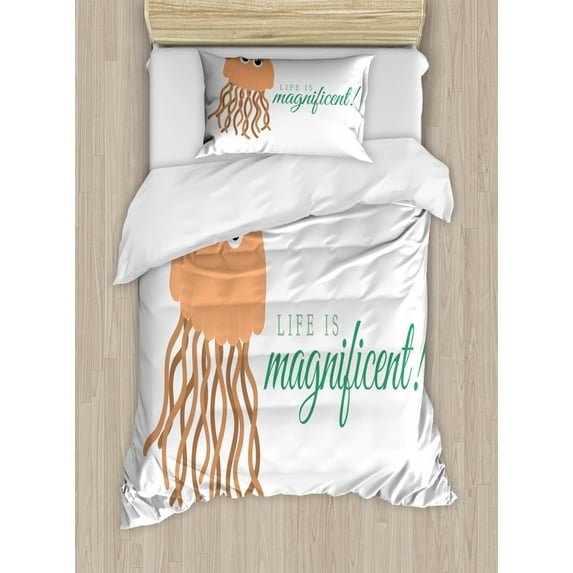 Jellyfish Duvet Cover Set Twin Size, Life is Magnificent Typography with Funny Cartoon Ocean Animal, Decorative 2 Piece Bedding Set with 1 Pillow Sham, Peach Sea Green and White, by Ambesonne