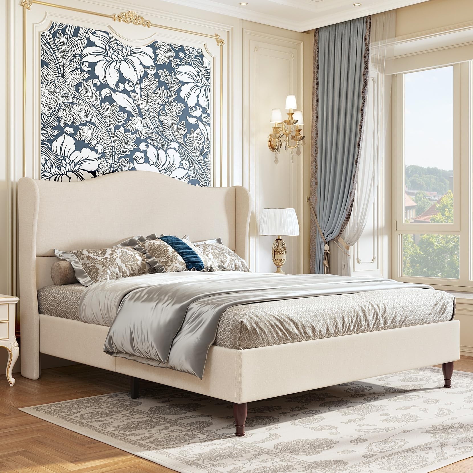 Neche Queen Upholstered Platform Bed Frame - 51" Tall Curved Wingback, Soft Fabric, Retro Sleigh Style, No Box Spring Needed, Easy Assembly, Beige
