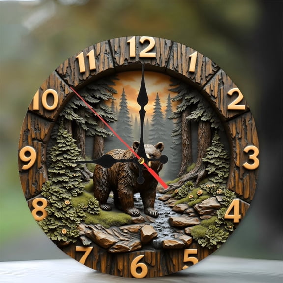 Bear Forest Clock 10-Inch Silent Wooden Wall Clock, Battery Operated (AA Batteries Not Included), Artistic Home Decor