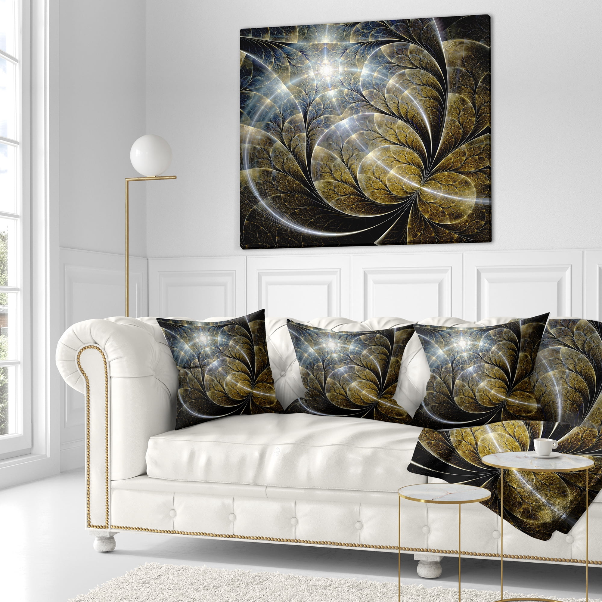 Designart Symmetrical Gold Fractal Flower with Lighting - Floral Throw Pillow - 18x18