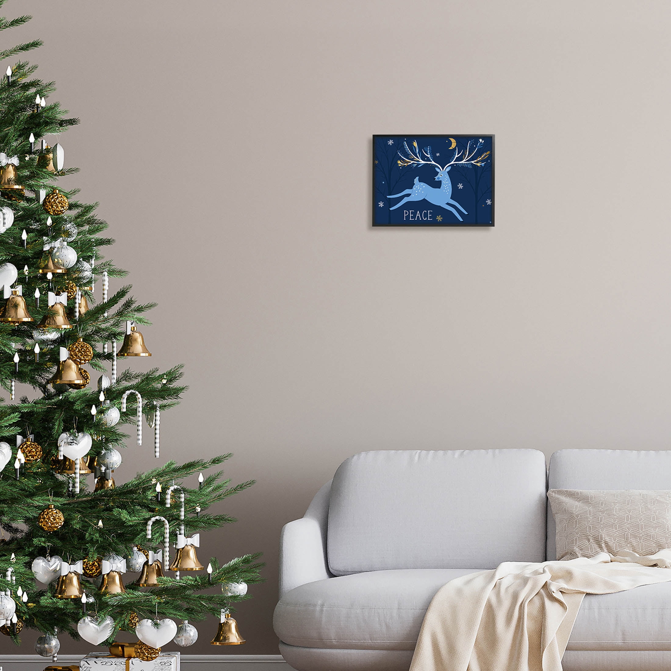 Peace Jumping Deer Snowflakes Holiday Graphic Art Black Framed Art Print Wall Art