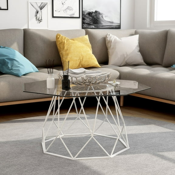 Furniture of America Flagg Glass Top Coffee Table, White High Gloss