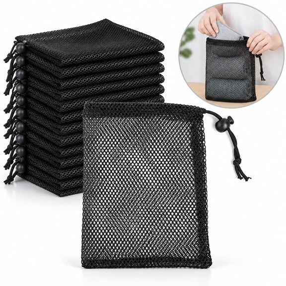 12‑Pack Black Drawstring Mesh Ball Bag, 12.99×8.66 Inch Breathable Sports Equipment Storage Pouch, Drawstring Closure Net Sack for Basketball, Volleyball, Soccer Balls, Golf Balls, Outdoor Gym Use
