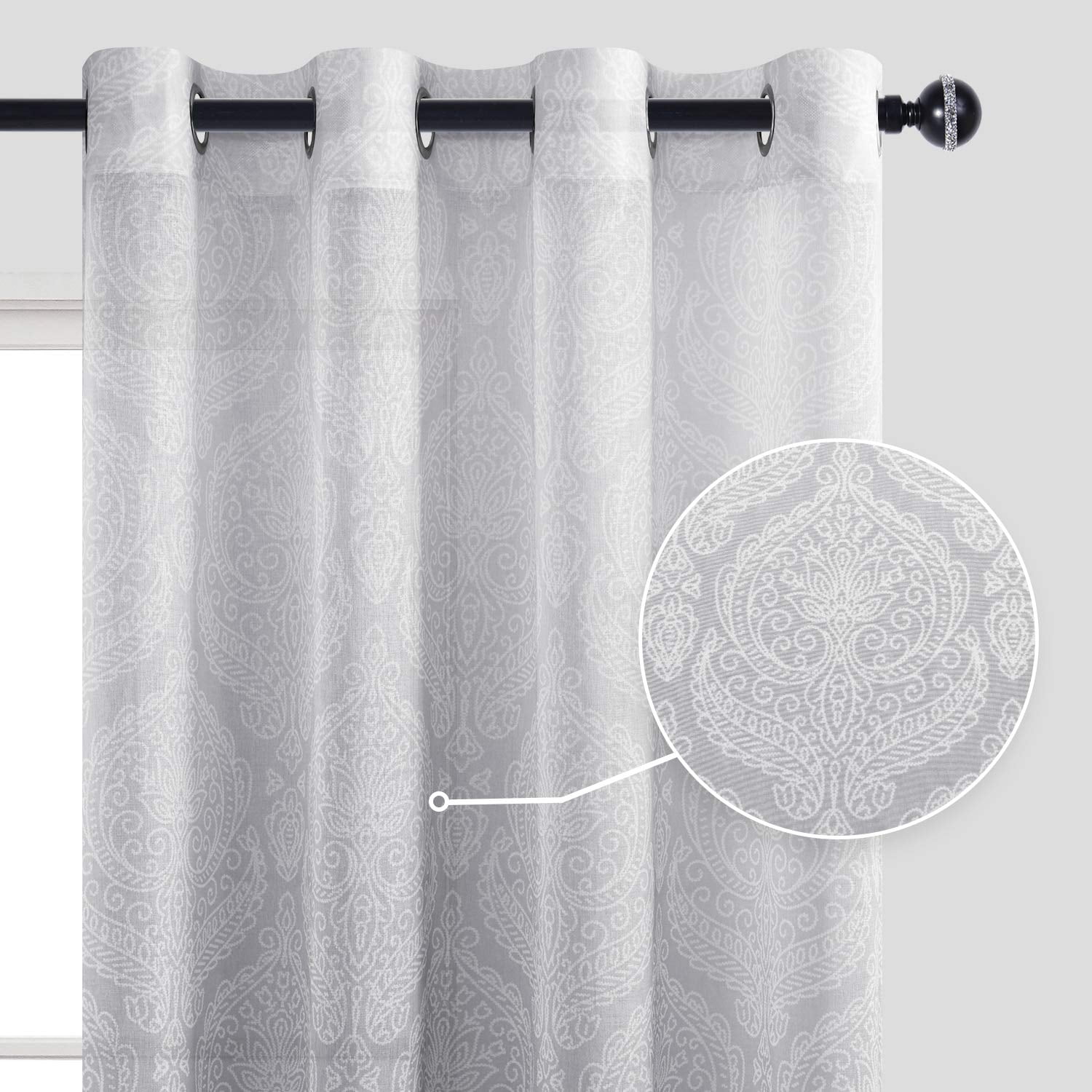 JIUZHEN Grey Damask Ombre Semi Sheer Curtains for Living Room - Faux Linen Gradient Grommet Voile Curtains for Bedroom, 2 Window Curtain Panels, 52 x 84 inches Long