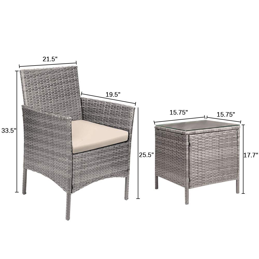 Lacoo 3 Pieces Outdoor Patio Furniture Gray PE Rattan Wicker Table and Chairs Set Bar Set with Cushioned Tempered Glass (Grey / Beige) 2 - image 5 of 6