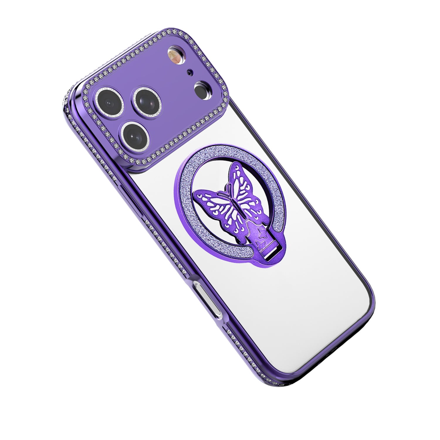 Elegant Glitter Butterfly Stand Case for iPhone 17 Pro Max - Purple