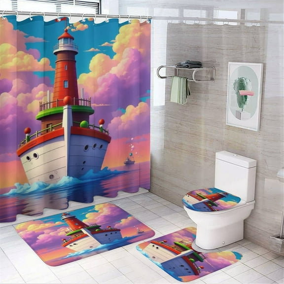 Lighthouse Ship at Sunset Shower Curtain Sets Non-Slip Rugs Bath Mat Toilet Cover U Shaped Mat 4 Pcs