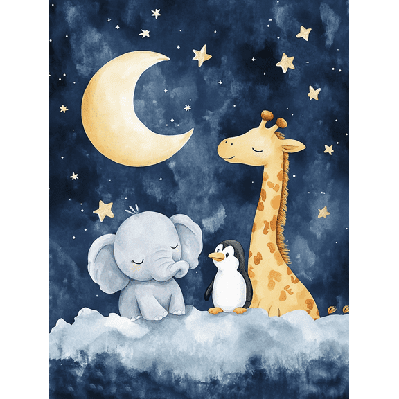 Cute Animals Night Sky Canvas Wall Art， Perfect for Bedroom， Living Room， Nursery， Kids Room， and Playroom Decoration.