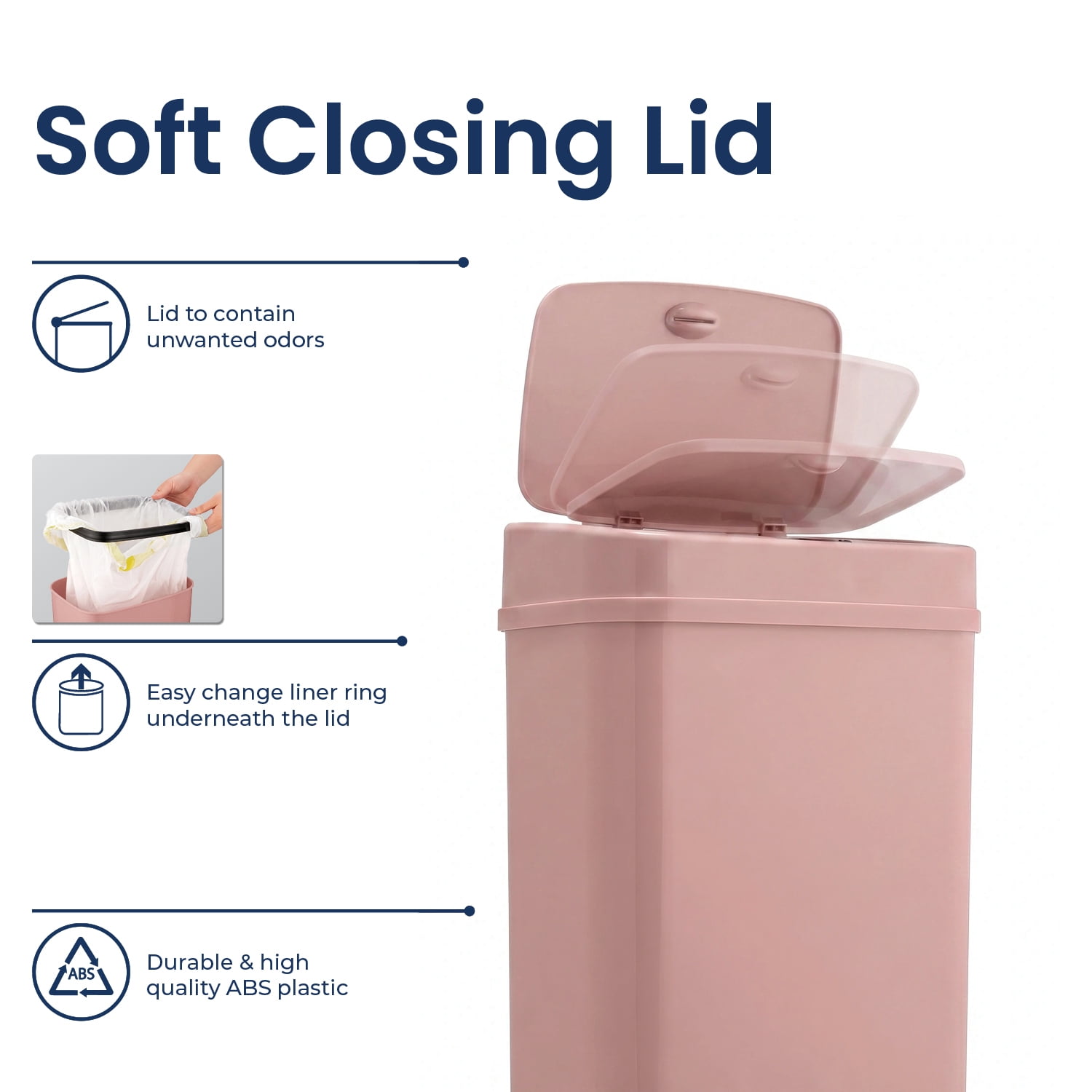 Nine Stars Automatic Bathroom Trash Can, 3.2 Gallon Plastic, Motion Sensor Soft Close Lid Garbage Bin, Pink Blush