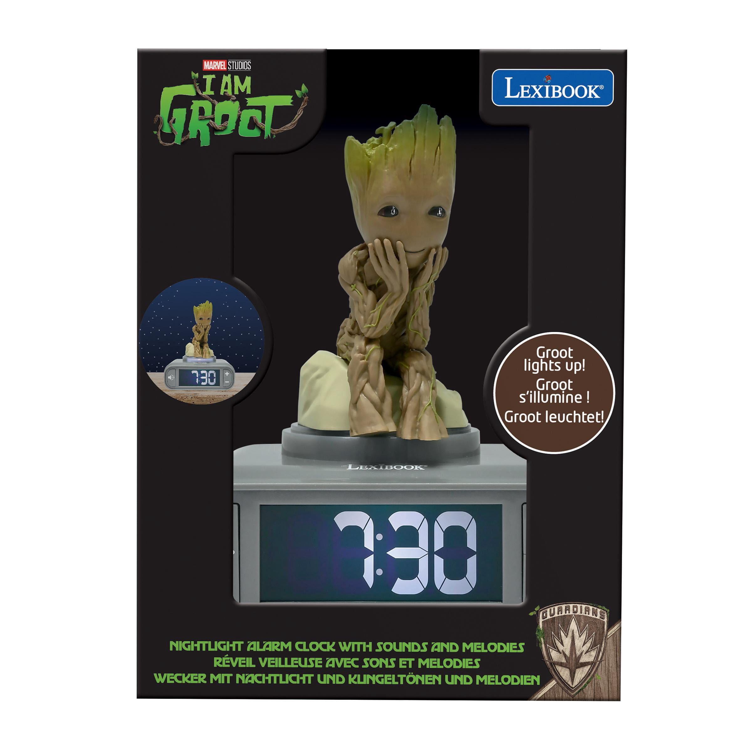 Lexibook, Marvel Guardians of the Galaxy, Groot Nightlight Alarm Clock, Sounds and Melodies, Backlit LCD Screen, Illuminated, Snooze, Grey/Brown