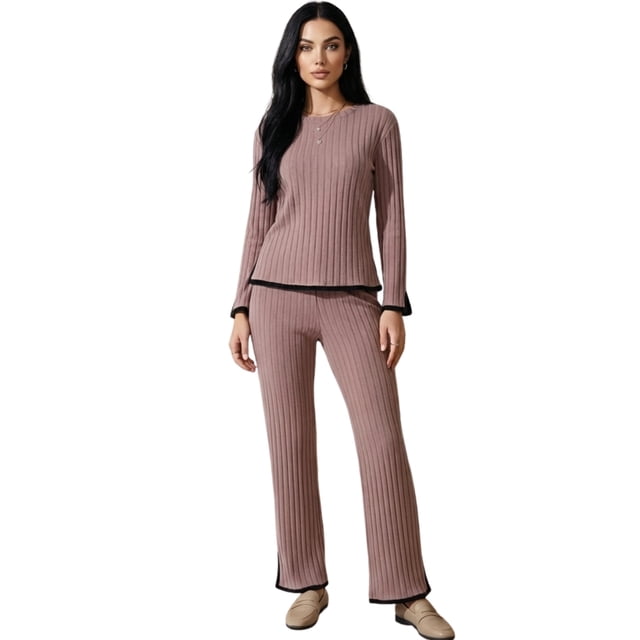 Conjunto de Suéter y Pantalón Acanalado Diseño Elegante y Versátil para Mujer