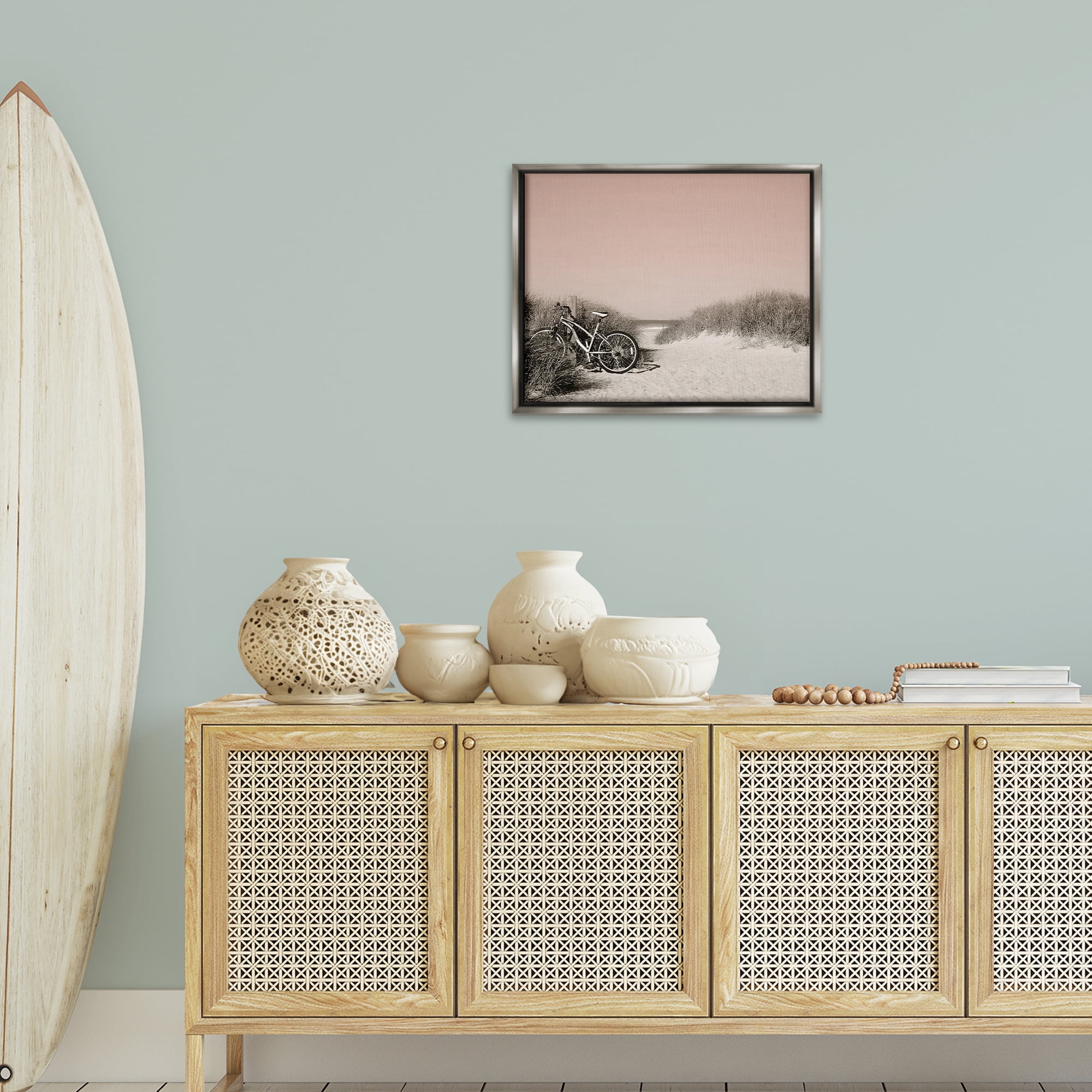Stupell Industries Bicycle Ride Paused Nautical & Beach Photography Gray Floater Framed Canvas Art Print Wall Art, 21 x 17