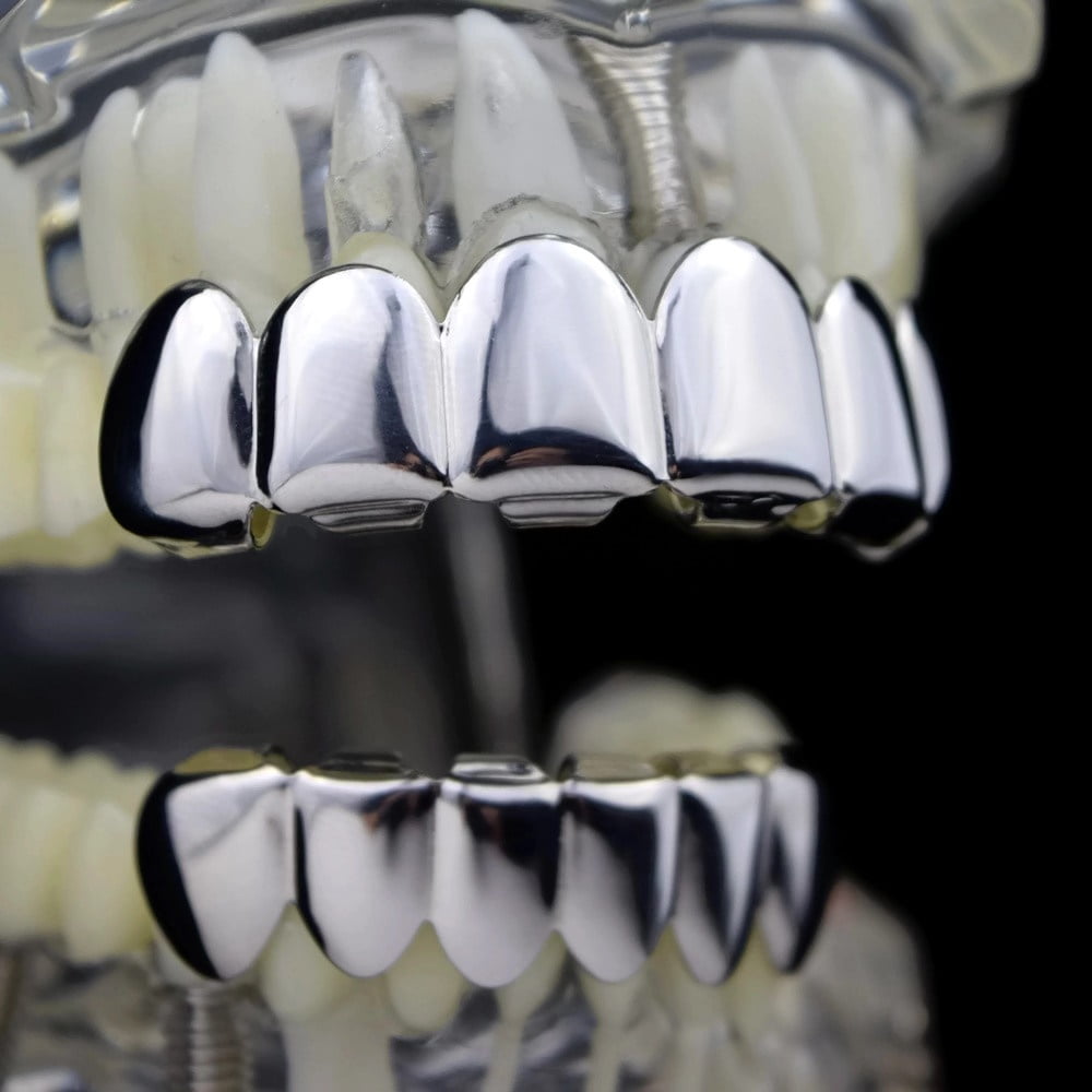 Best Grillz Set Silver Tone Plain Top And Bottom Teeth Hip Hop Grills